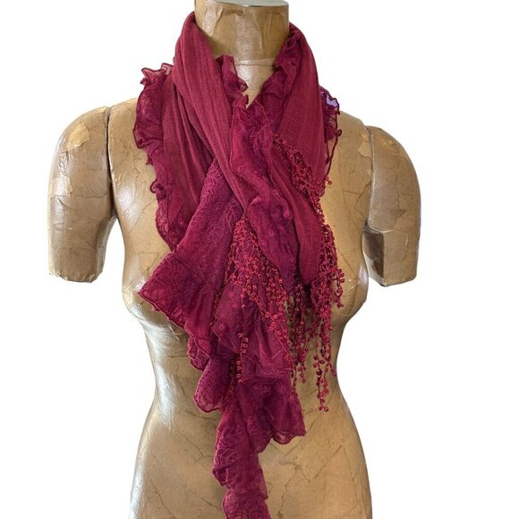 BOHO Artsy Ruffled Lacy Scarf by Coldwater Creek Burgundy Crochet Lace #335C - Picture 1 of 9